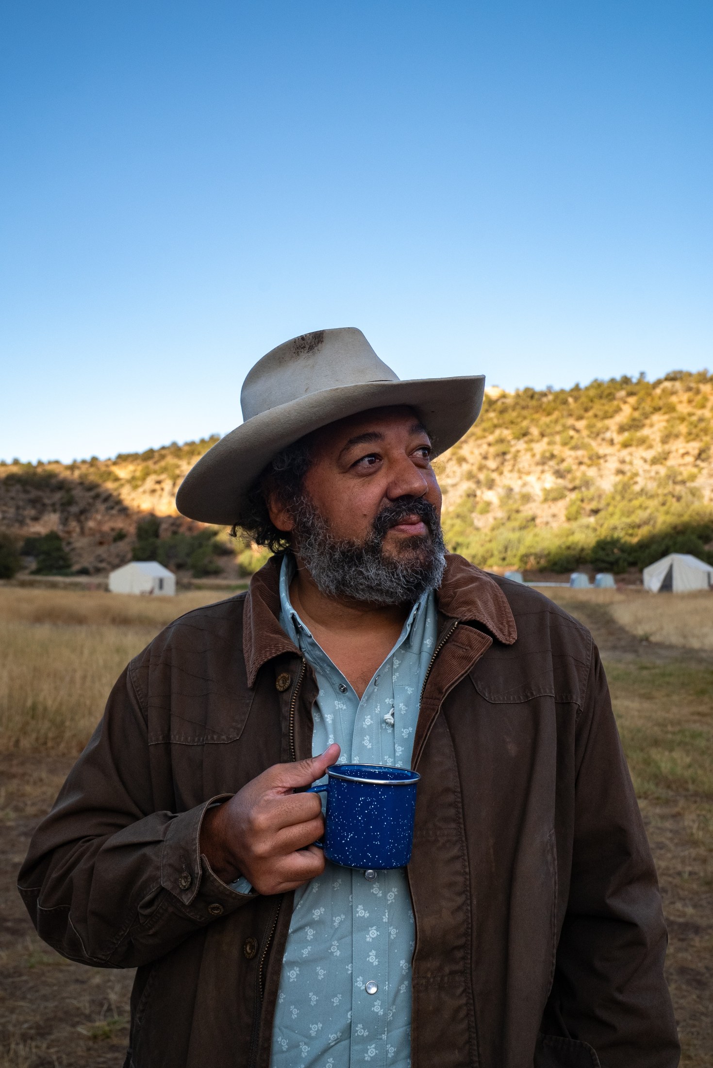 Josh Crumpton, host of Wild Game and Wine, Wyoming, at camp on Paintrock Canyon Ranch