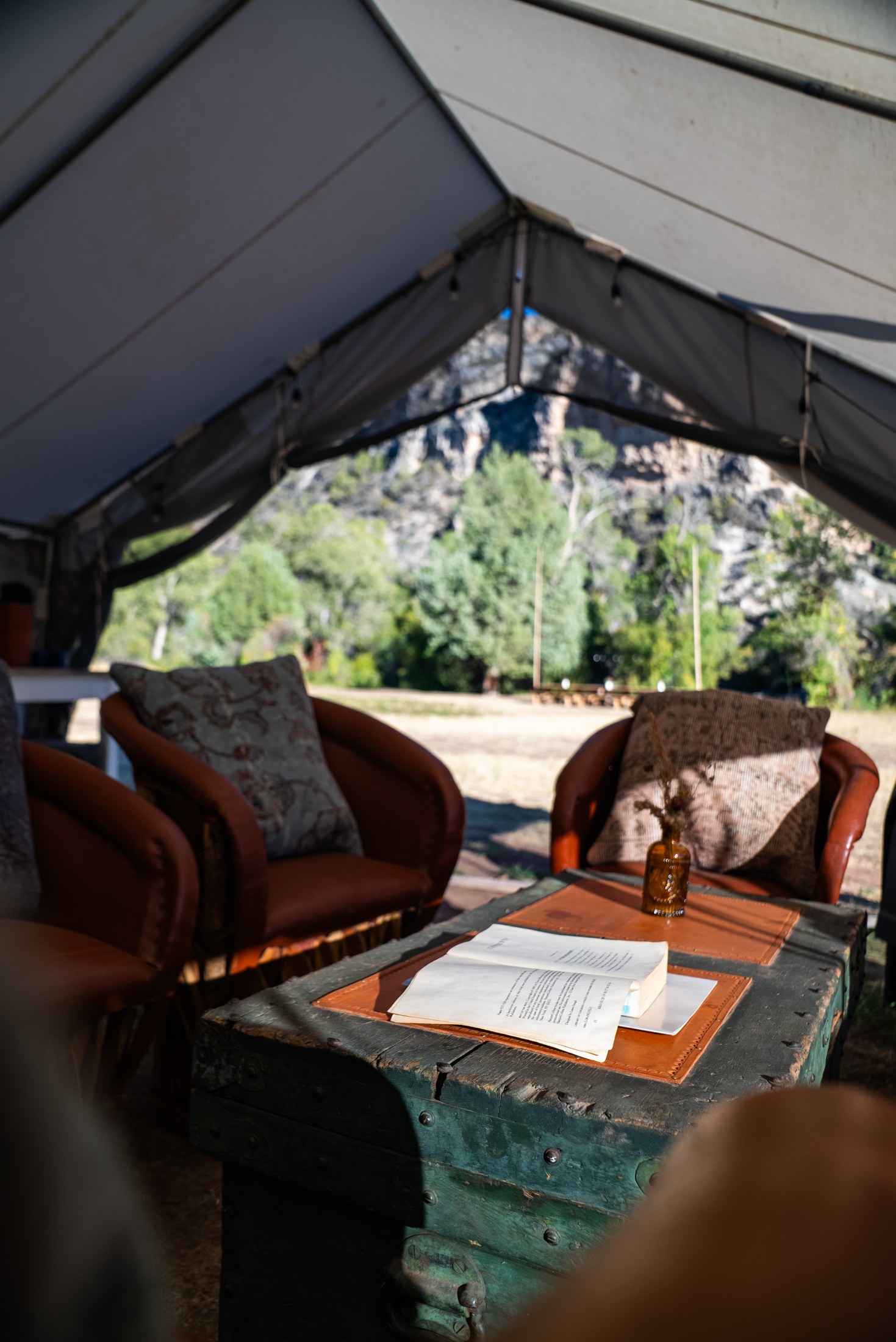 Looking out from inside a safari tent at Paintrock Canyon, Wyoming