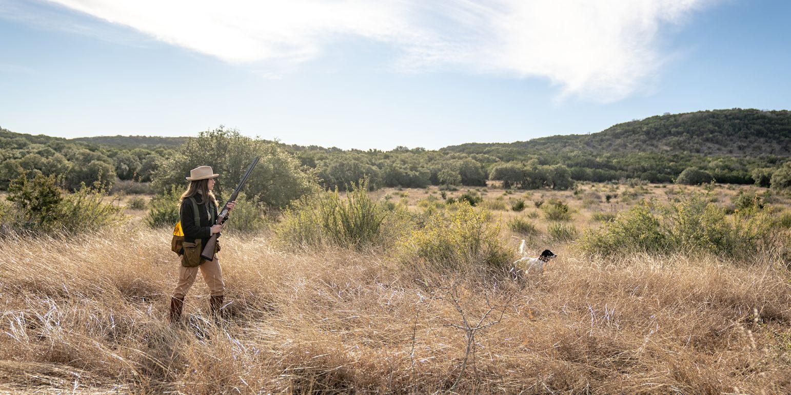 A hunter and English setter in native grass below a limestone ridge at Spoke Hollow Ranch, Wimberley, Texas